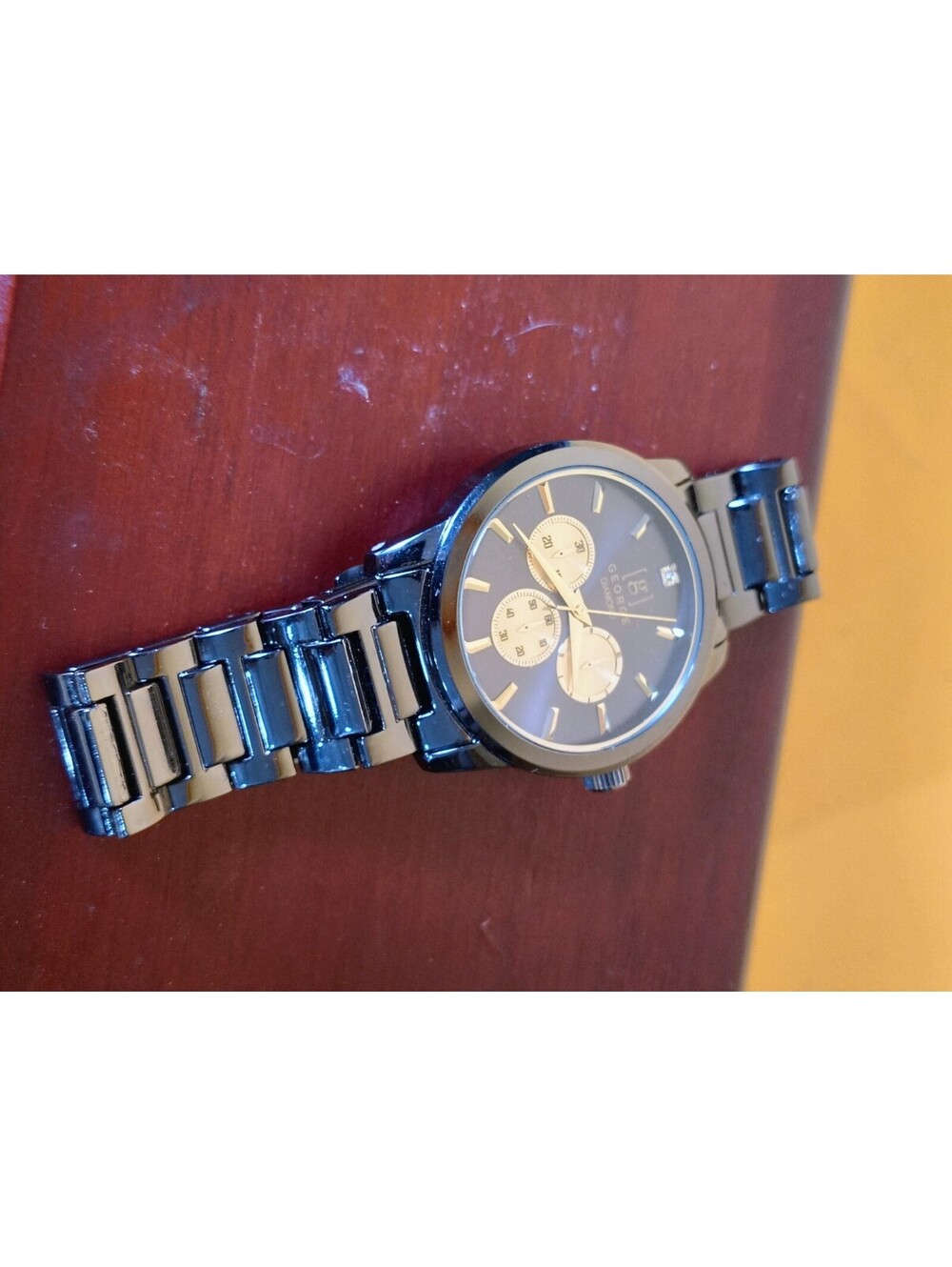 George Mens Watch Gunmetal Gray Gold Dial Diamond Accent Faux Chrono GWA0040